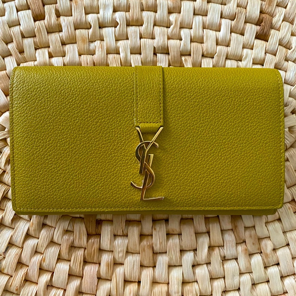 Yves Saint Laurent Olive Green Leather YSL Logo Clutch
